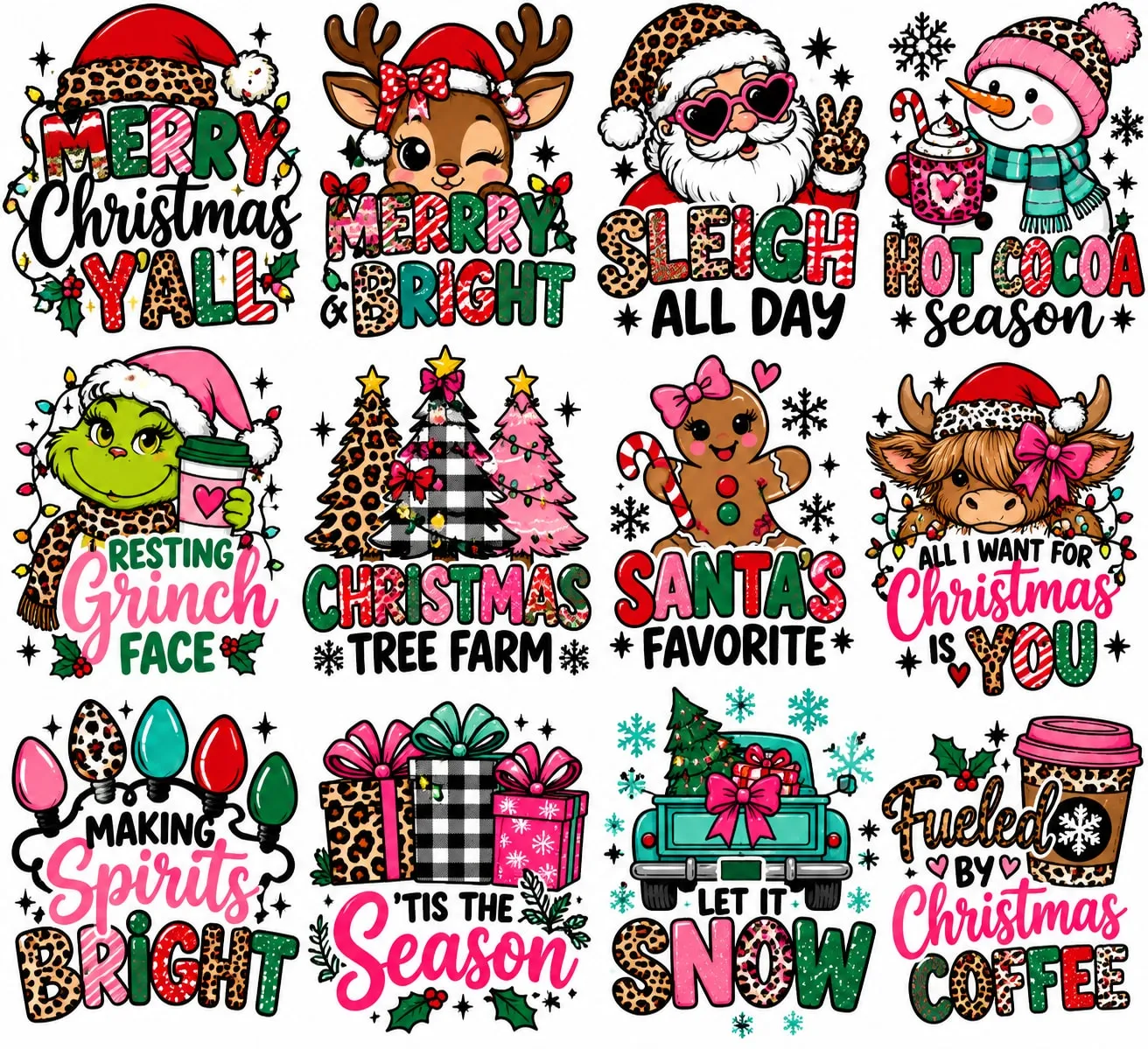 Sheet of twelve Christmas ornament designs in pink, red, green and leopard print: Merry Christmas Y’all, Merry & Bright, Sleigh All Day, Hot Cocoa Season, Resting Grinch Face, Christmas Tree Farm, Santa’s Favorite, All I Want for Christmas Is You, Making Spirits Bright, ’Tis the Season, Let It Snow, and Fueled by Christmas Coffee.