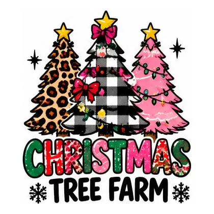 Three Christmas trees in leopard print, buffalo check, and pink, above Christmas Tree Farm.