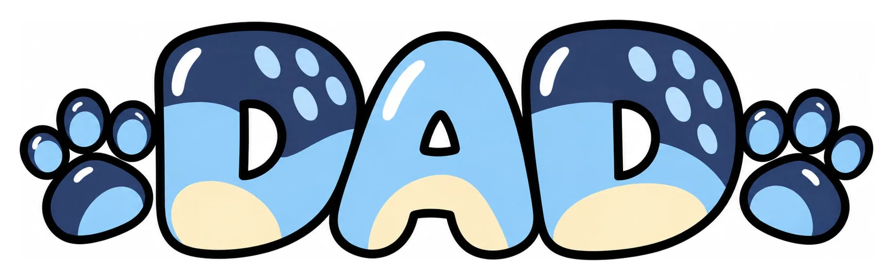 The word DAD in puffy blue and cream lettering with spots, between two blue paw prints.