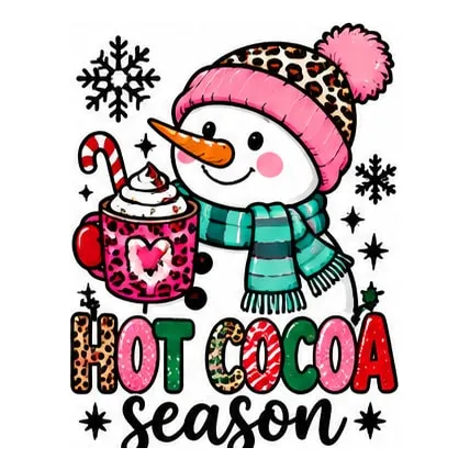 A snowman in a pink beanie and teal scarf with a mug of cocoa, above Hot Cocoa Season.