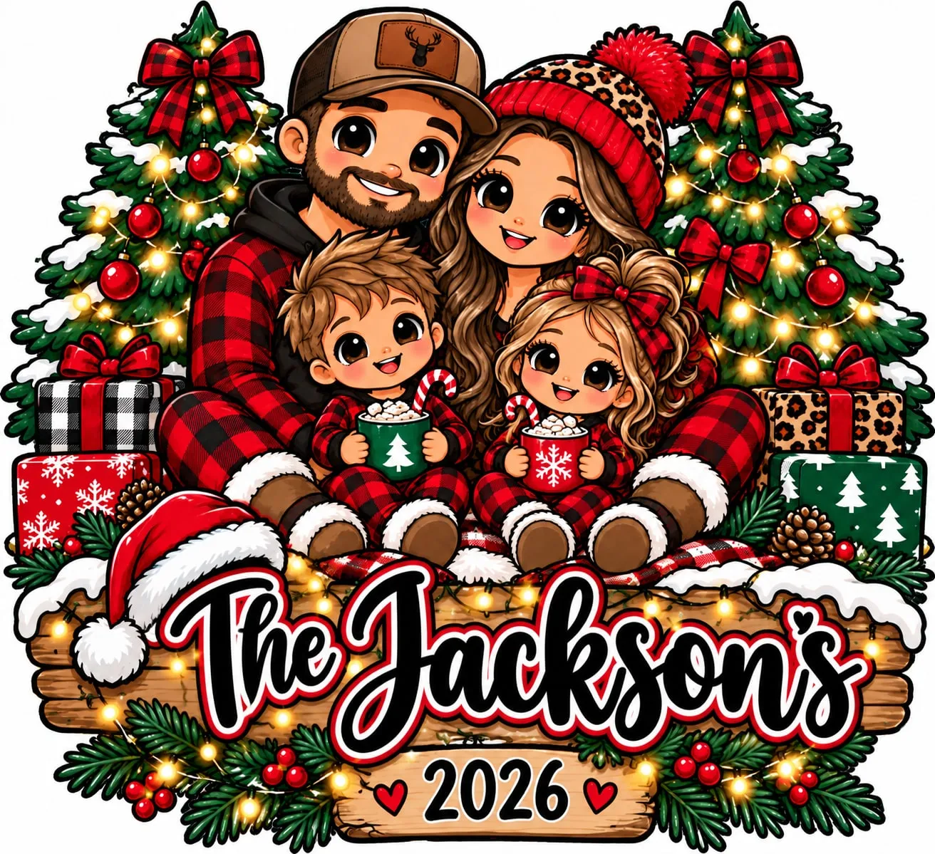 Cartoon Christmas portrait of a mom and dad with their little boy and girl in matching buffalo plaid pajamas, holding mugs of cocoa between two decorated trees, above a wooden sign reading The Jackson’s 2026.