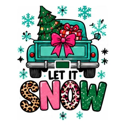A teal vintage truck carrying a Christmas tree and presents with snowflakes, above Let It Snow.