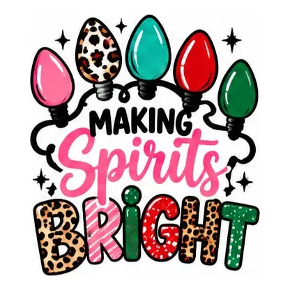 A string of big pink, leopard, teal, red, and green bulbs over Making Spirits Bright.