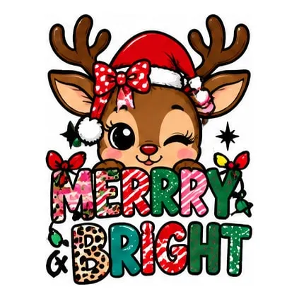 A winking reindeer in a Santa hat and red bow above Merry & Bright in patterned letters.