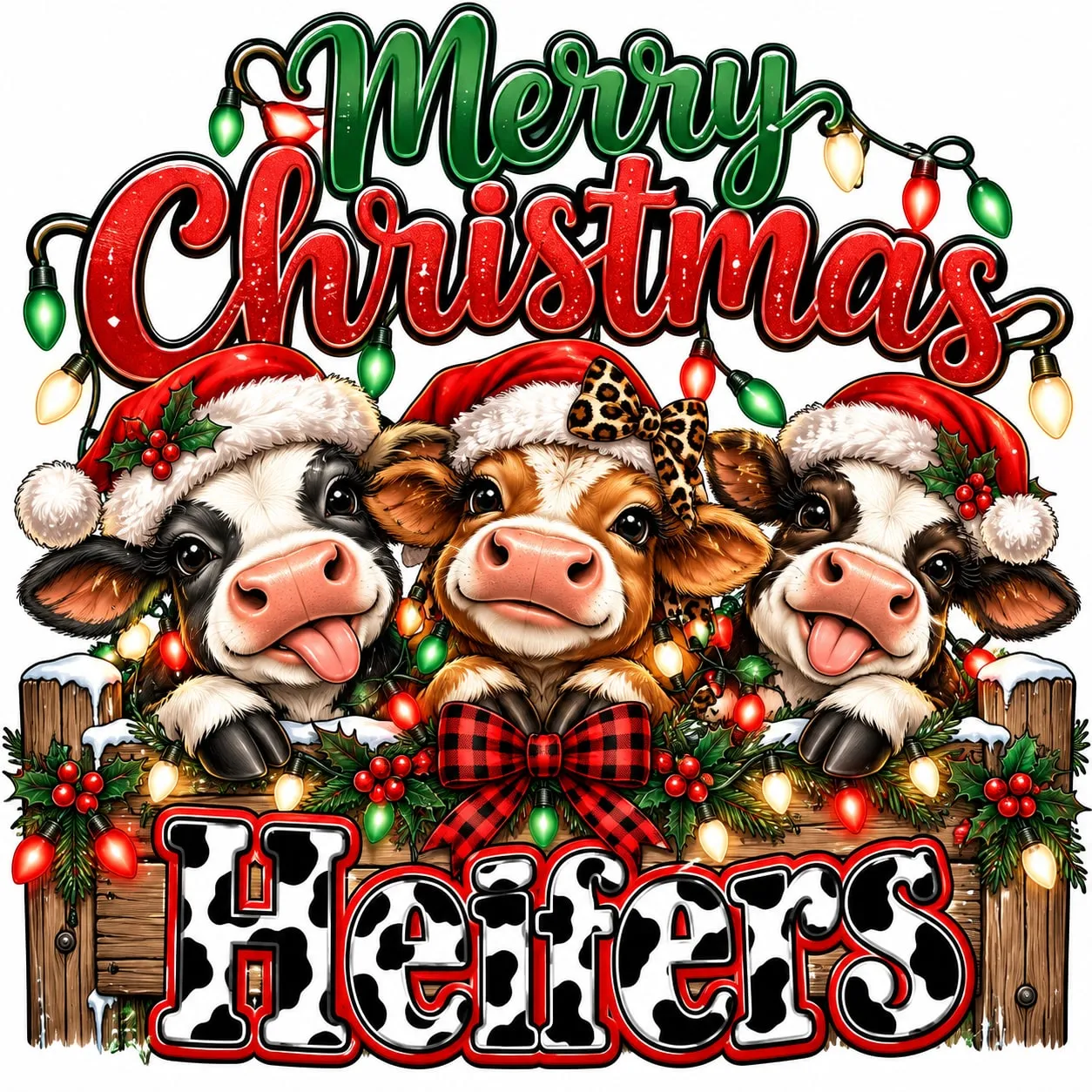 Three smiling calves in Santa hats peeking over a wooden fence wrapped in Christmas lights, under red and green script reading Merry Christmas, with Heifers in cow-print letters.
