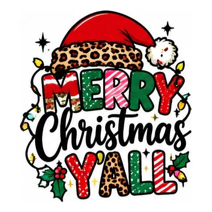 Merry Christmas Y’all in red, green, and leopard-print letters under a Santa hat, wrapped in Christmas lights.