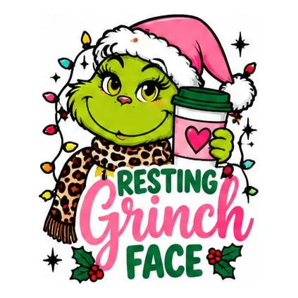 A green Grinch-style face in a pink Santa hat holding a coffee cup, above Resting Grinch Face in pink and green.