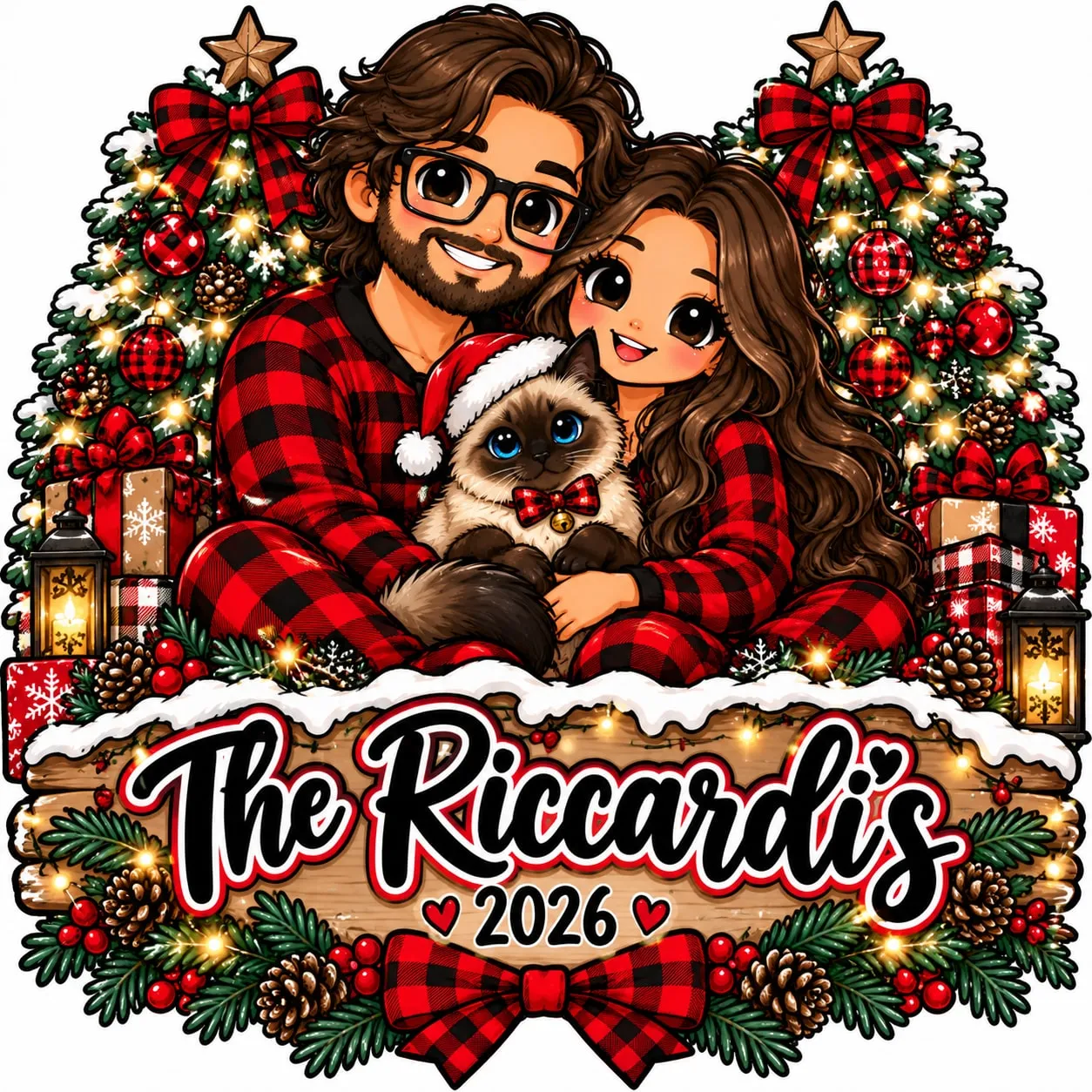 Cartoon Christmas portrait of a couple in matching buffalo plaid pajamas holding their Siamese cat in a Santa hat, between two decorated trees, above a wooden sign reading The Riccardi’s 2026.