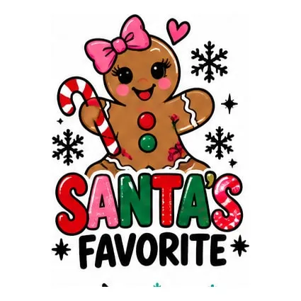 A gingerbread girl with a pink bow and candy cane above Santa’s Favorite.