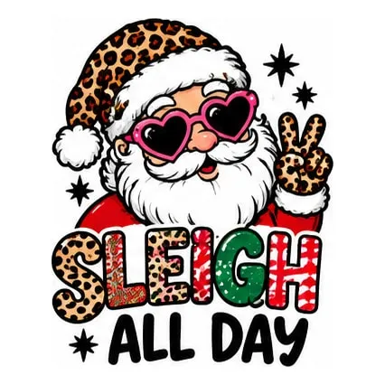 Santa in a leopard-print hat and pink heart sunglasses giving a peace sign above Sleigh All Day.