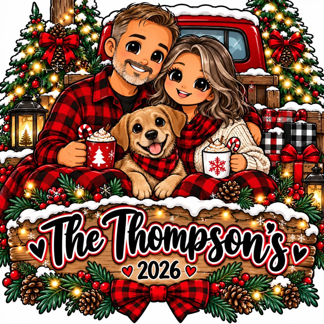 Cartoon Christmas portrait of a couple in buffalo plaid with their golden puppy and mugs of cocoa, in front of a red truck and Christmas trees, above a wooden sign reading The Thompson’s 2026.