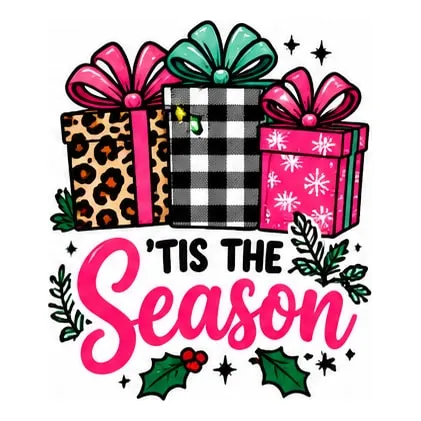 Stacked presents in leopard print, buffalo check, and pink above ’Tis the Season in pink script.